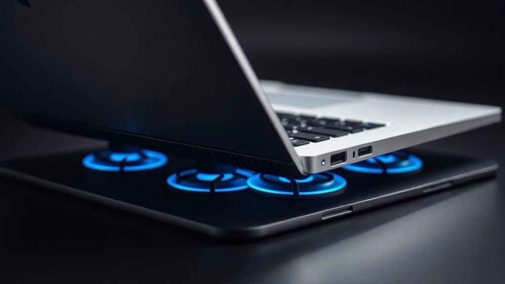 노트북 하단 통풍구와 쿨링 패드의 팬 위치가 일치하여 공기 흐름이 최적화되는 모습