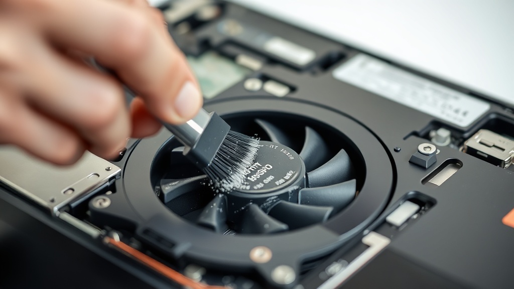 작은 정전기 방지 브러쉬를 사용하여 분해된 노트북 내부의 쿨링팬 먼지를 조심스럽게 제거하는 모습