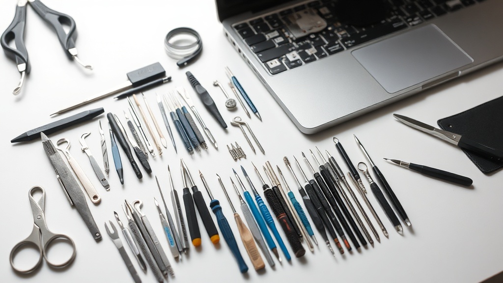노트북 분해를 위해 정렬된 정밀 드라이버 세트와 핀셋 등의 도구들