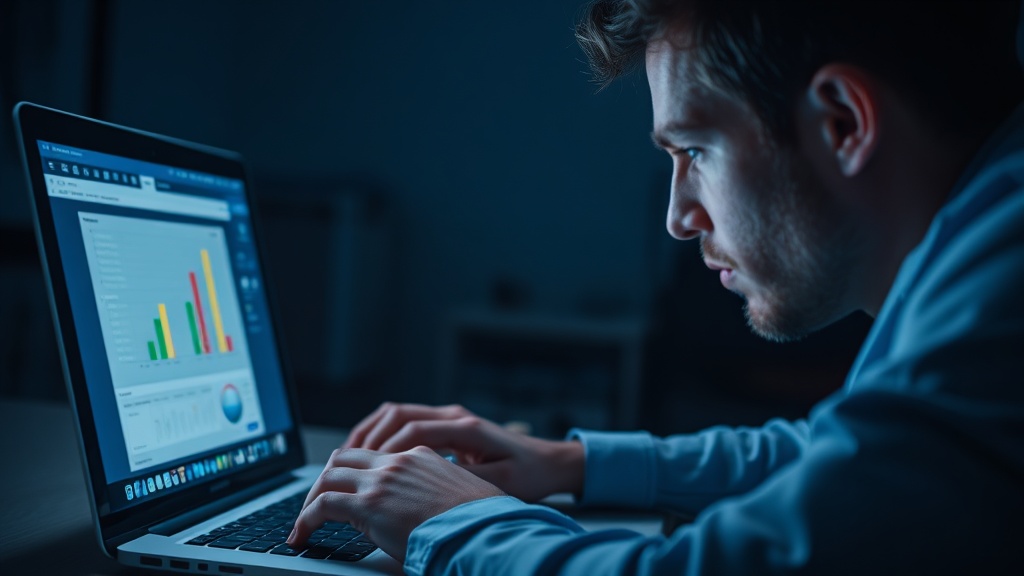 어두운 방에서 노트북 화면에 띄워진 온도 모니터링 프로그램을 심각하게 확인하는 장면